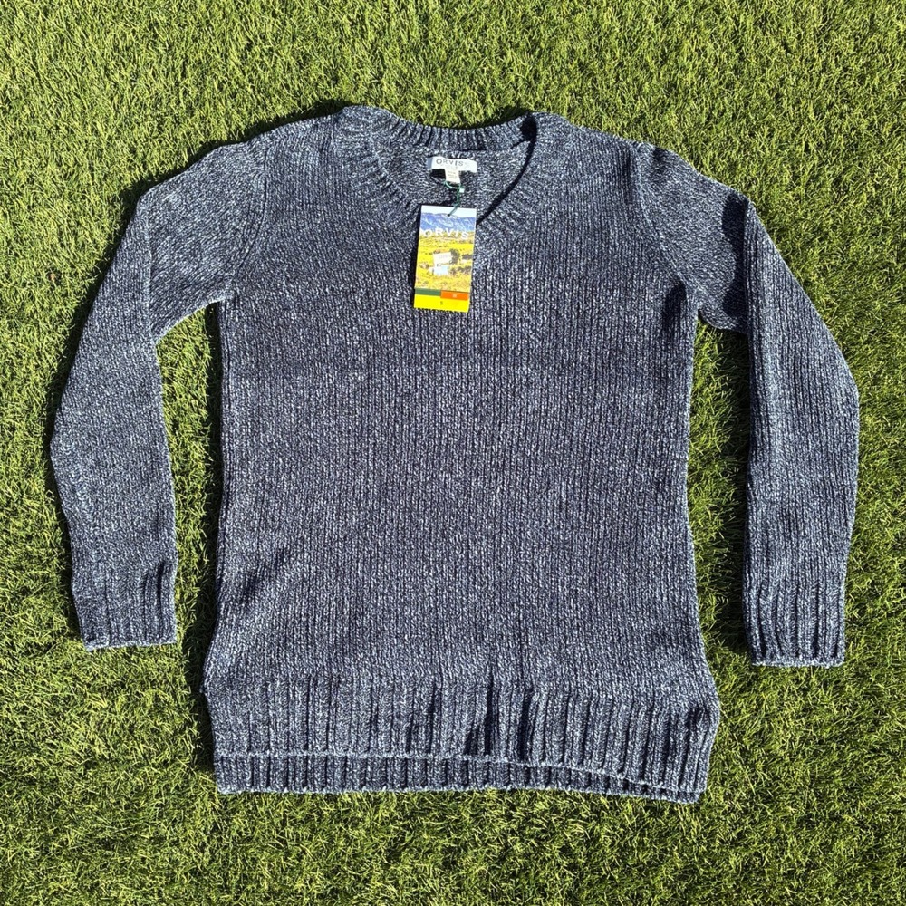 Orvis Women Small Navy Blue Marled Chenille V-Neck Knit Sweater Long Sleeve NWT